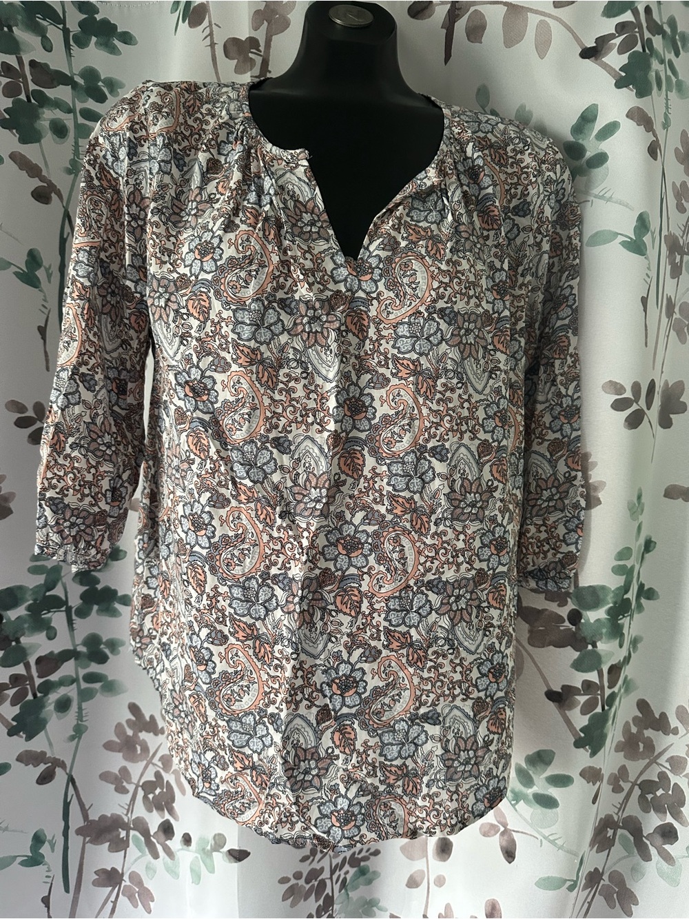 Anne Carson Paisley Floral Notch-Neck Blouse in White, Brown and Blue